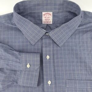 Brooks Brothers Madison Non-Iron Dress Shirt Blue Check Mens 20 Cotton Stretch‎